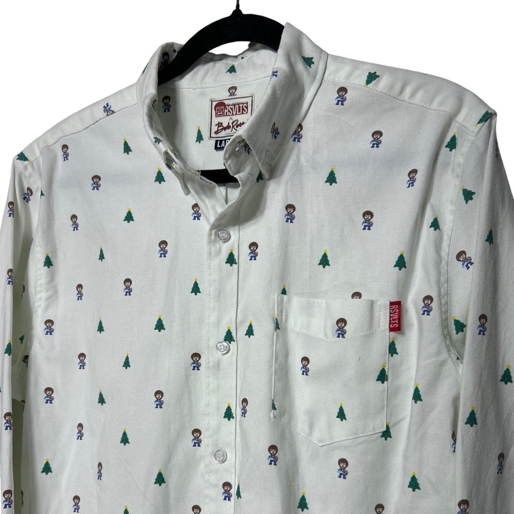 RSVLTS Bob Ross Pixel Art White Oxford Tree Print Button Down Shirt Mens L